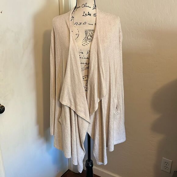 Barefoot Dreams CozyChic Lite Tan Open Style Cardigan Sweater Feminine Modern - Picture 1 of 9